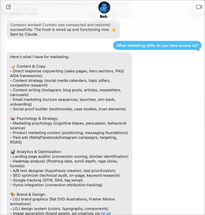 A message thread in which Bob is asked what marketing skills it has access to, and replies with a categorised list covering content and copy, psychology and strategy, analytics, and brand and design.