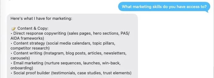 A message thread in which Bob is asked what marketing skills it has access to and replies with its content and copy capabilities.