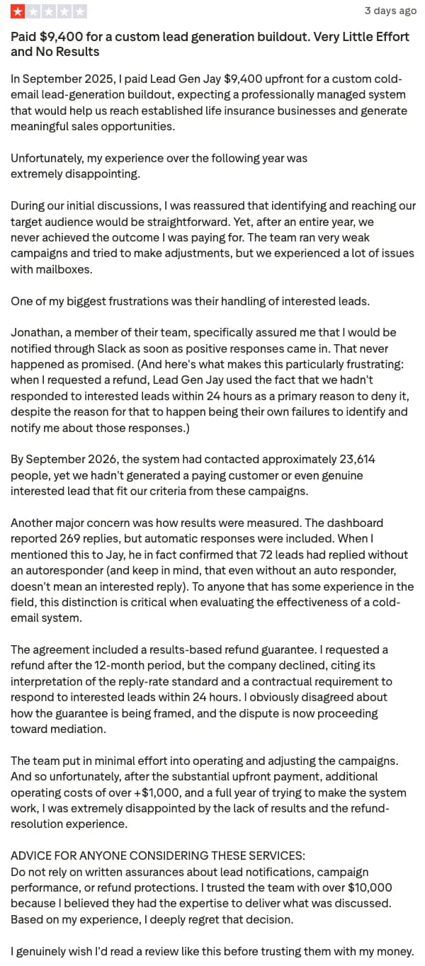 Johnny's review on Trustpilot, captured October 18, 2026.