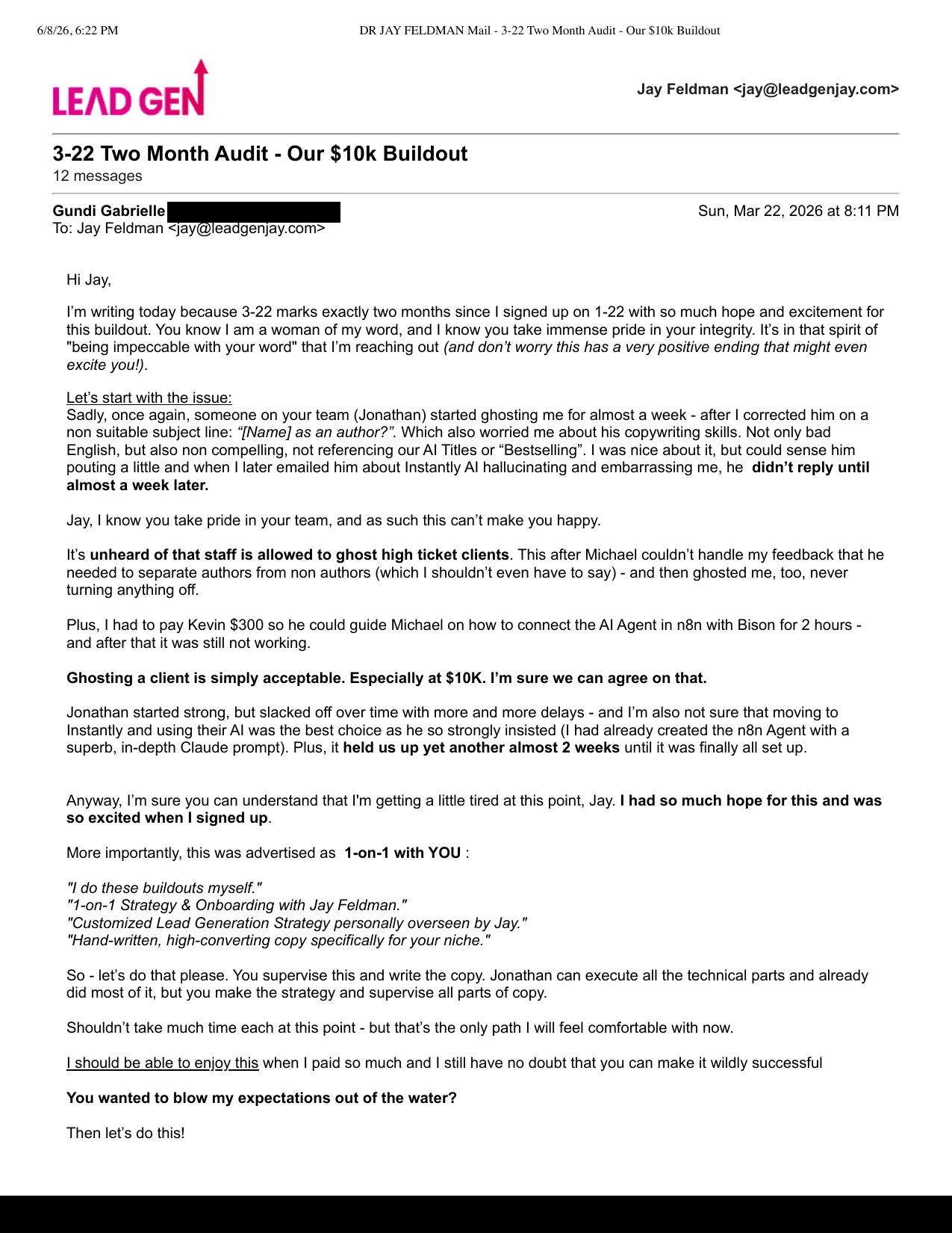 Gundi's "Two Month Audit" email demanding Jay personally run the campaign