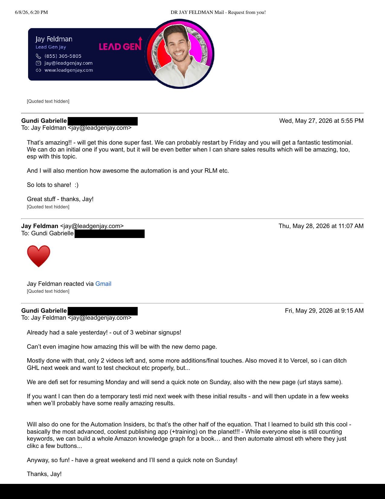 Gundi's email: "Already had a sale yesterday! - out of 3 webinar signups!"