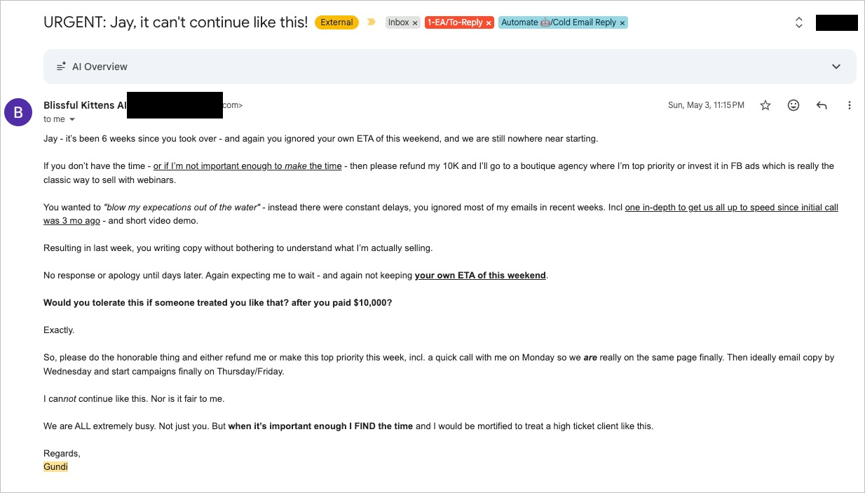 Gundi's 11:15 PM email: "URGENT: Jay, it can't continue like this!"