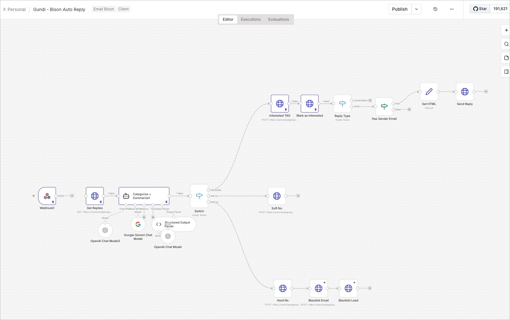 The custom n8n AI reply workflow we built — every inbound reply categorized, tagged, and auto-answered