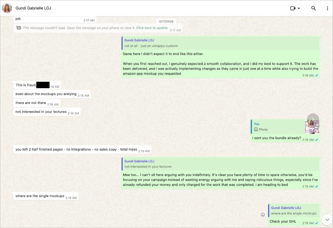 Gundi to the web designer at 2 a.m.: "This is fraud," "total mess"