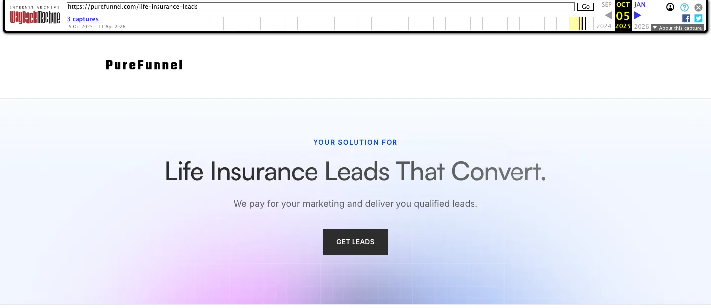 purefunnel.com/life-insurance-leads on the Wayback Machine, October 5, 2025, the earliest of its three copies.