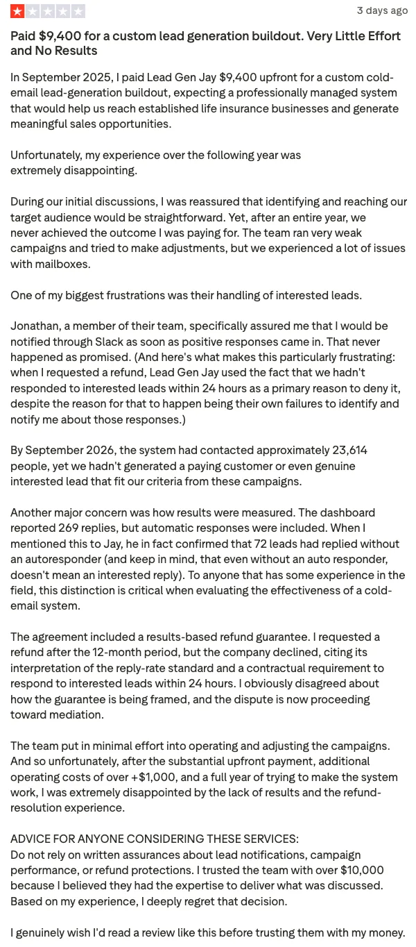 Johnny's review on Trustpilot, captured October 18, 2026.