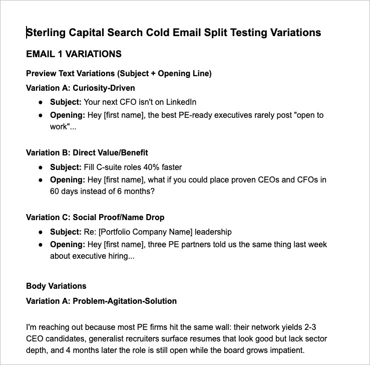 AI-generated cold email A/B testing variations written for Sterling Capital Search