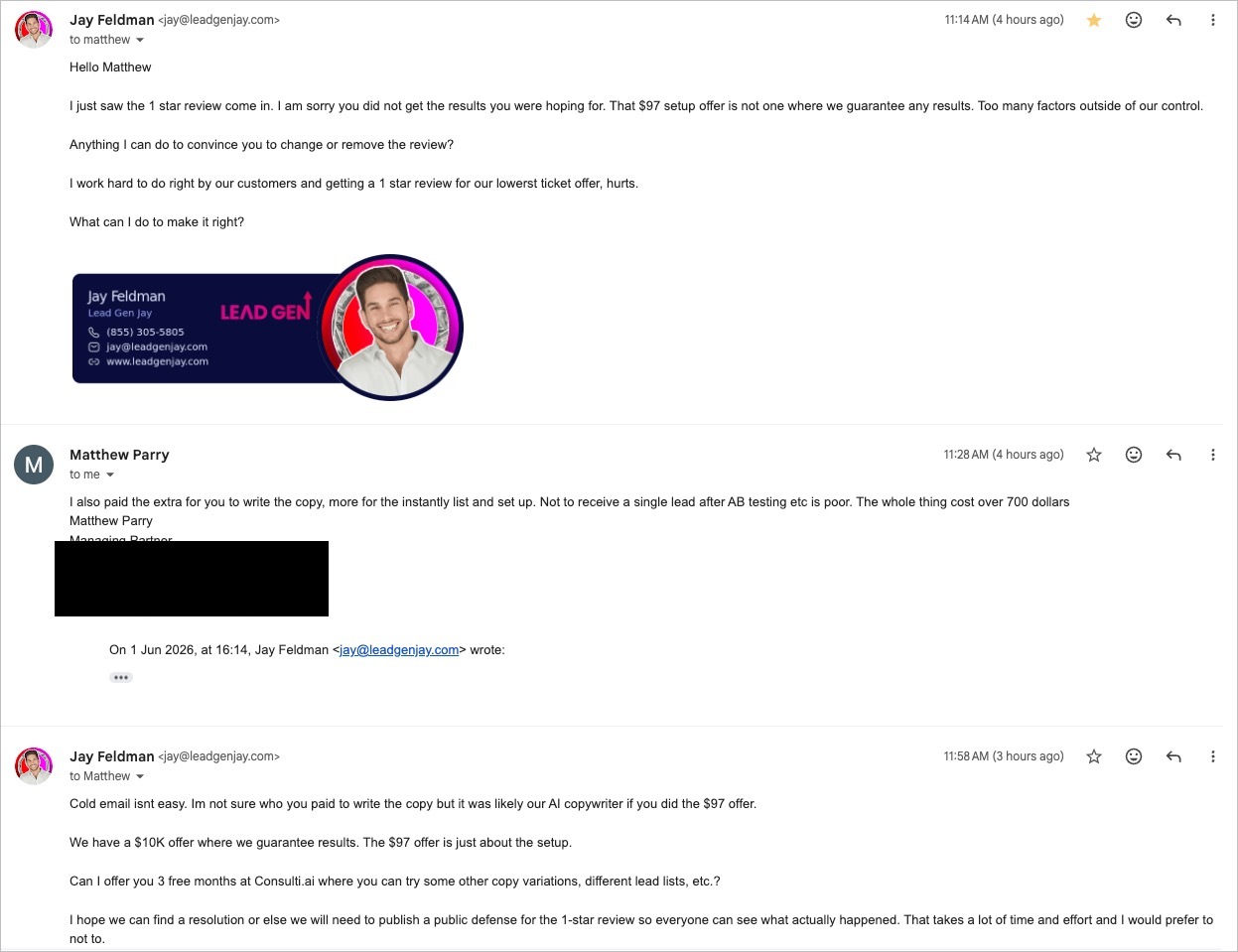 Email thread — our good-faith offer of three free months, not contingent on the review