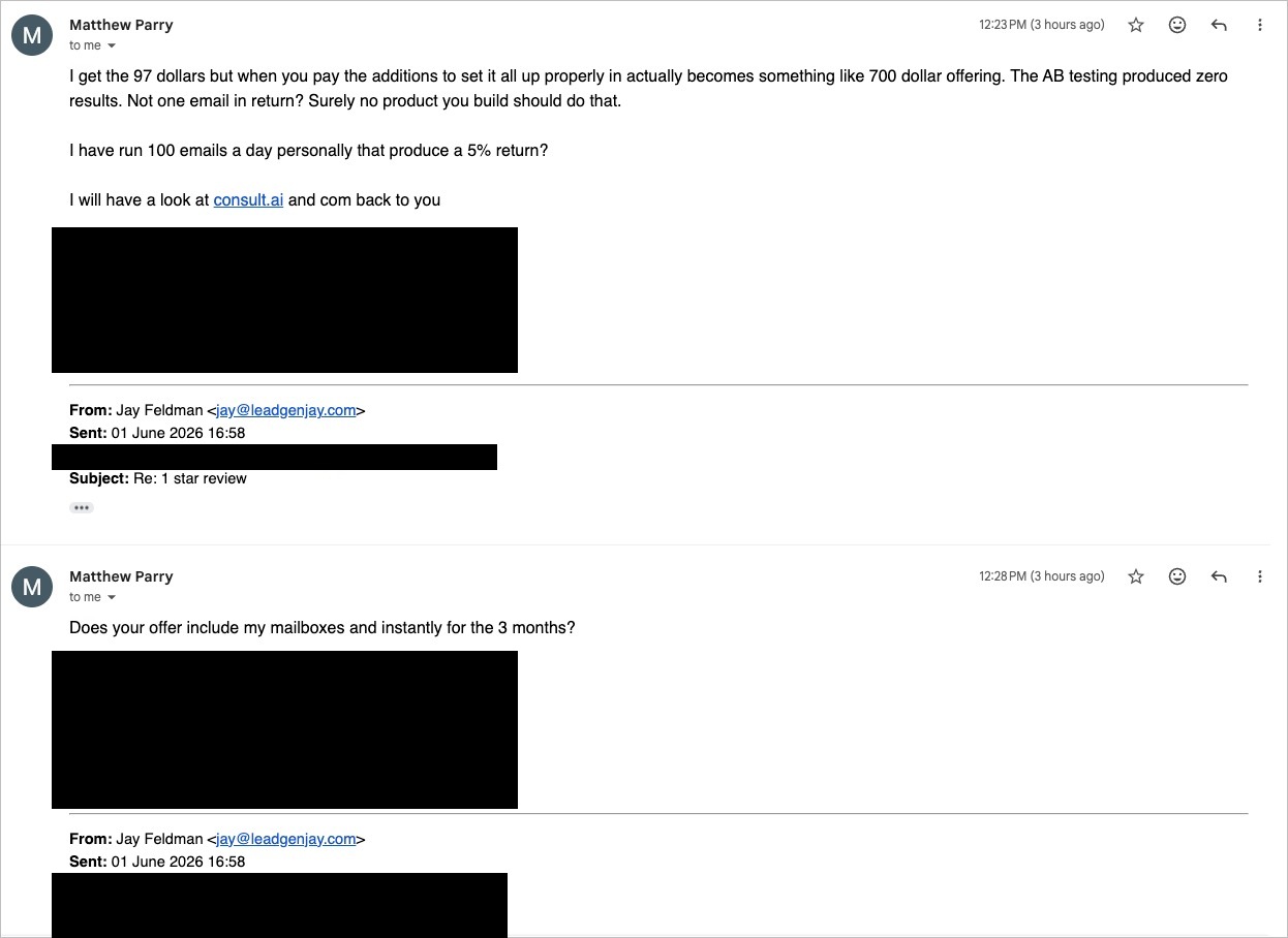Email thread — Matthew Parry asking if the free offer also includes mailboxes and Instantly