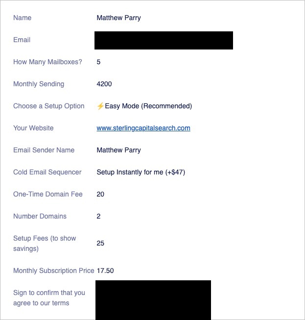 Matthew Parry's signed Sterling Capital Search order form — 5 mailboxes, Instantly setup, copywriting add-on
