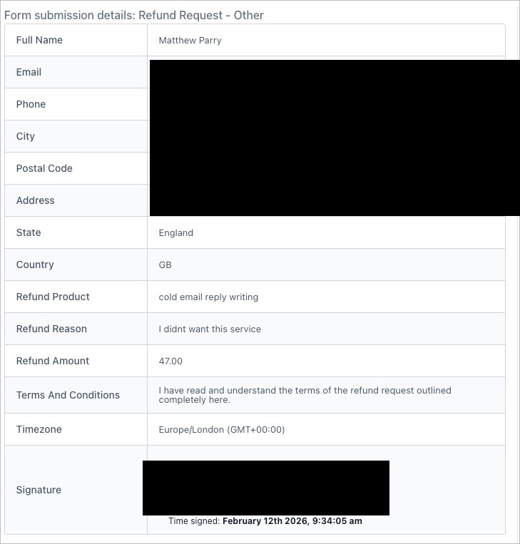 Matthew Parry's signed refund request — reason: "I didnt want this service"