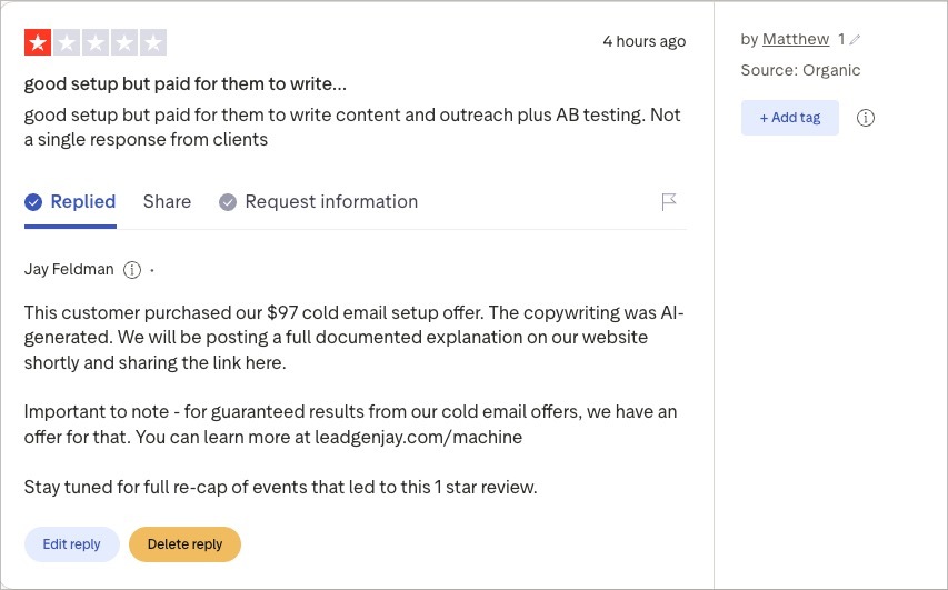 The 1-star review left by Matthew of Sterling Capital Search