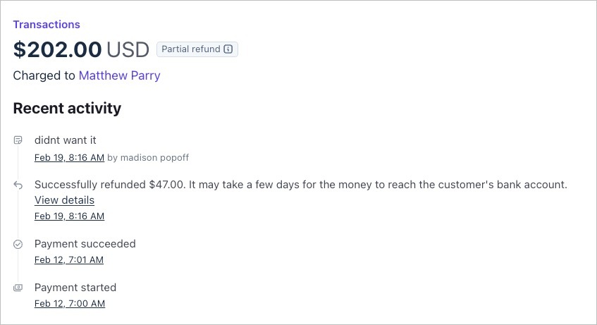 Whop transaction record — $202 charged, $47 refunded on Feb 19, 2026