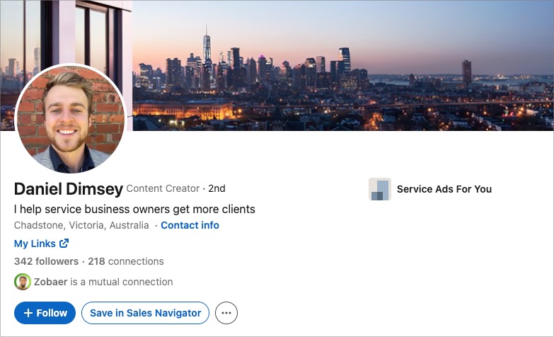 Daniel Dimsey's LinkedIn profile — Content Creator helping service business owners get more clients
