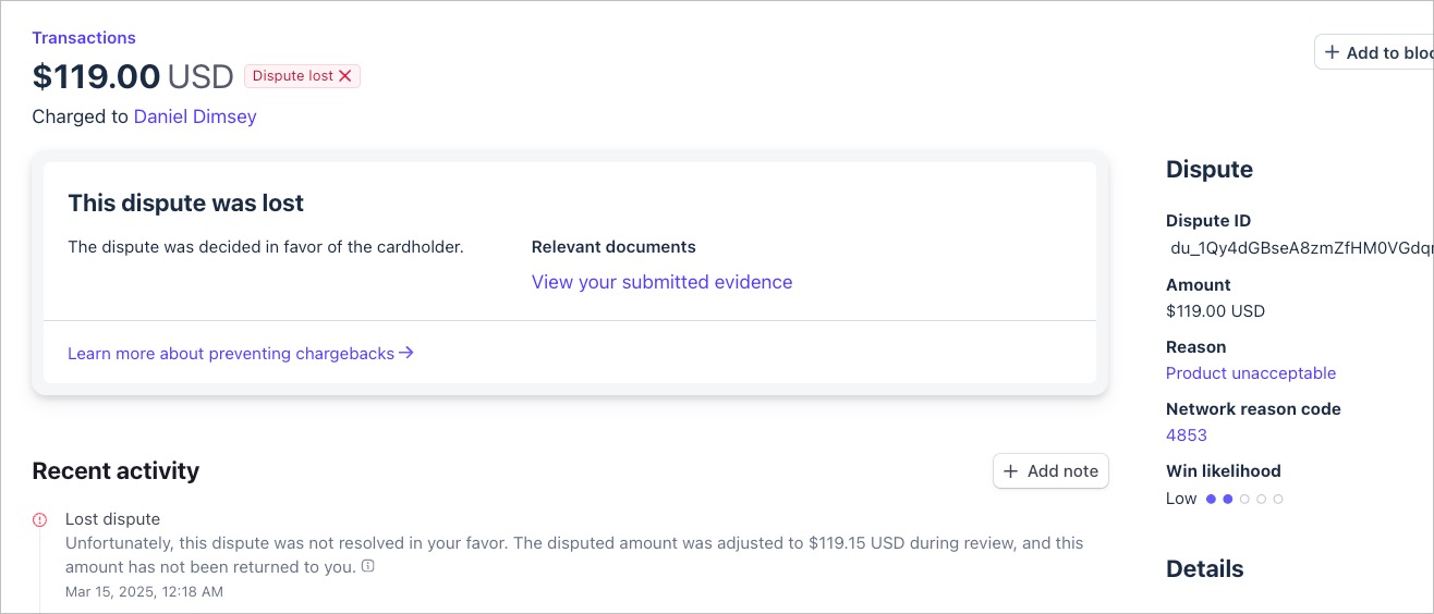 Stripe dispute dashboard showing Daniel Dimsey's $119 chargeback