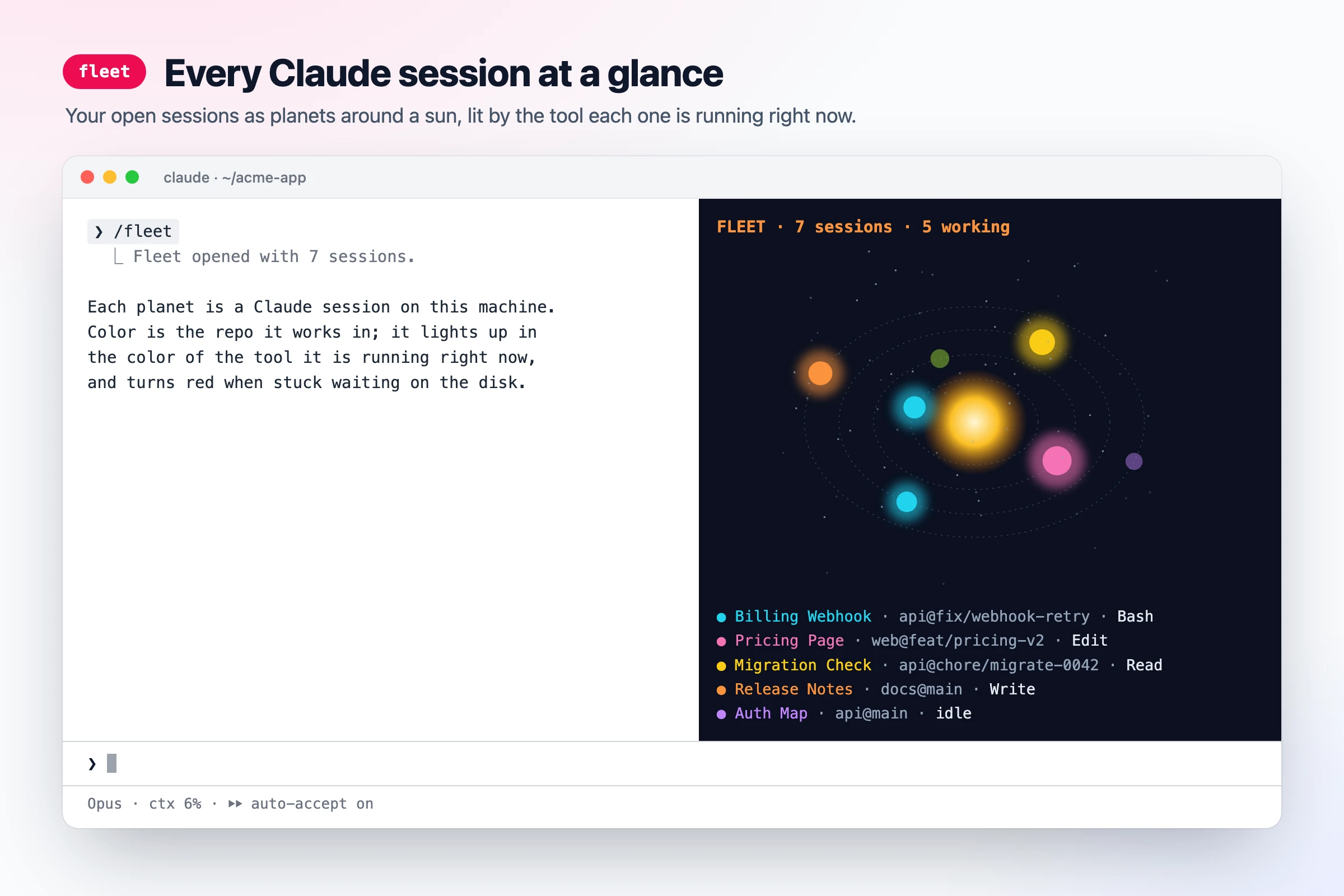 fleet: every open Claude session drawn as a planet around a sun, lit in the color of the tool it is running, with a list of sessions below