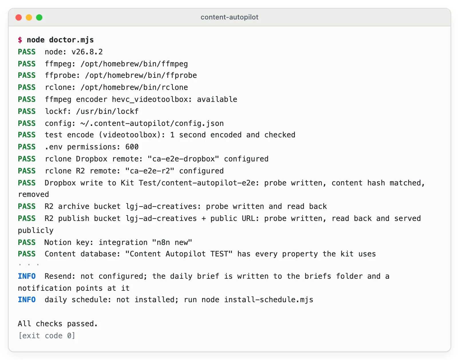 The doctor check passing every tool, Dropbox, R2 and Notion check, ending in All checks passed.